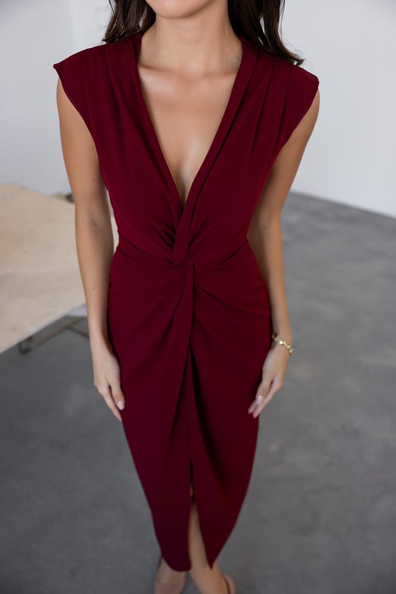 Omuz Pile Yırtmaçlı Elbise - BORDO