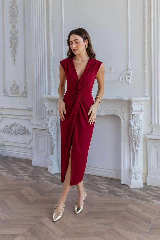 Omuz Pile Yırtmaçlı Elbise - BORDO