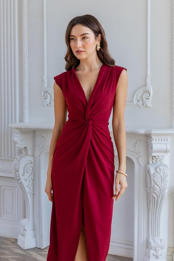 Omuz Pile Yırtmaçlı Elbise - BORDO