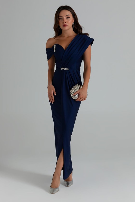 Omuz Tasarım Anvelop Abiye - LACİVERT