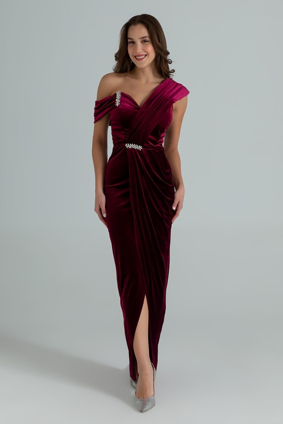 Omuz Tasarım Kadife Abiye - BORDO