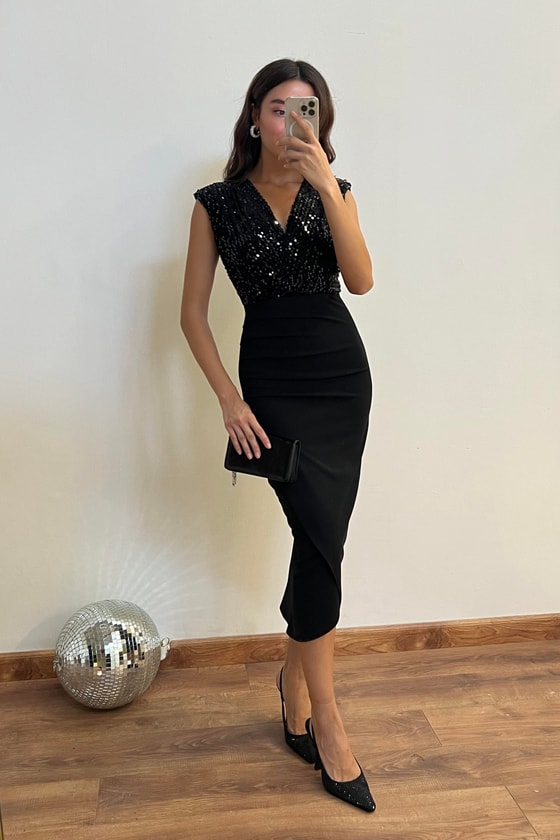 Pul İşlemeli Kalem Elbise - SİYAH