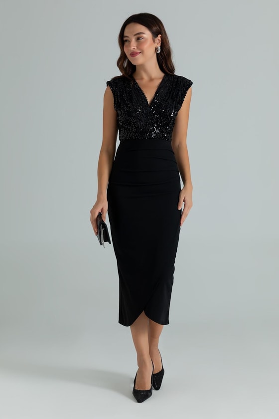 Pul İşlemeli Kalem Elbise - SİYAH