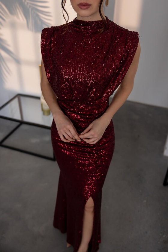 Pul Payetli Kuşaklı Abiye - BORDO