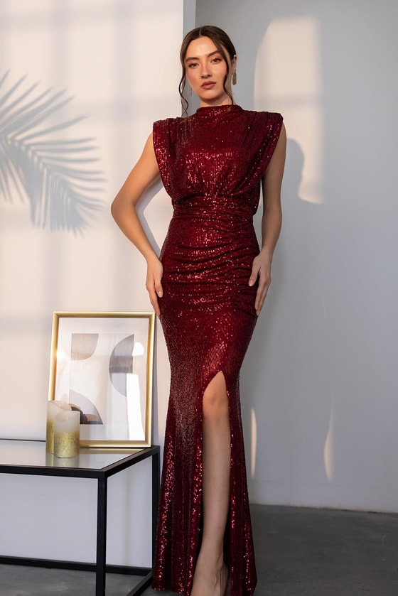 Pul Payetli Kuşaklı Abiye - BORDO