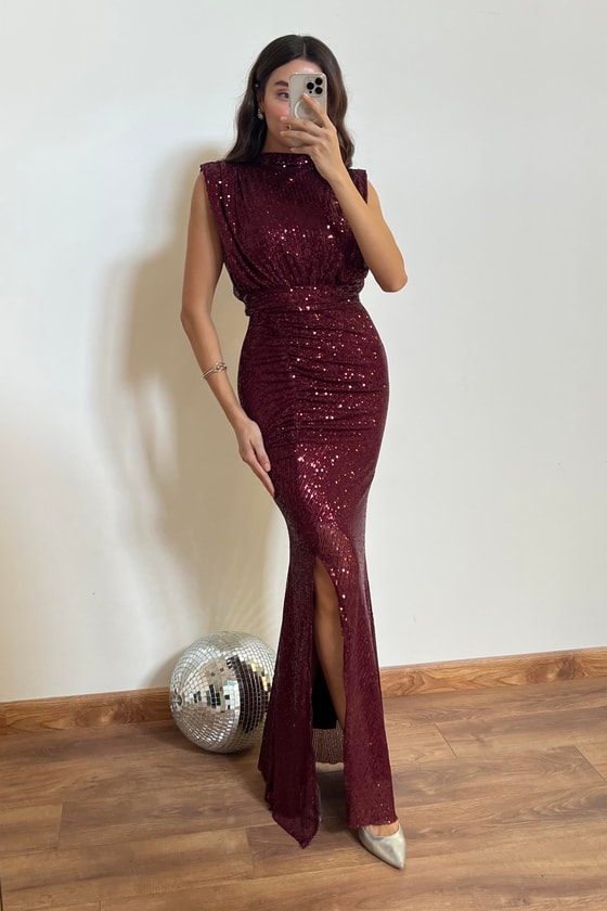 Pul Payetli Kuşaklı Abiye - BORDO