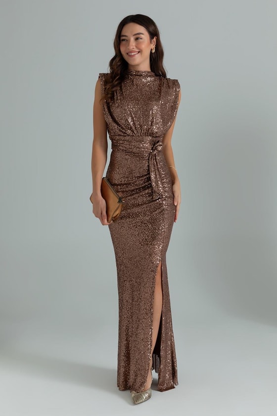 Pul Payetli Kuşaklı Abiye - BRONZ