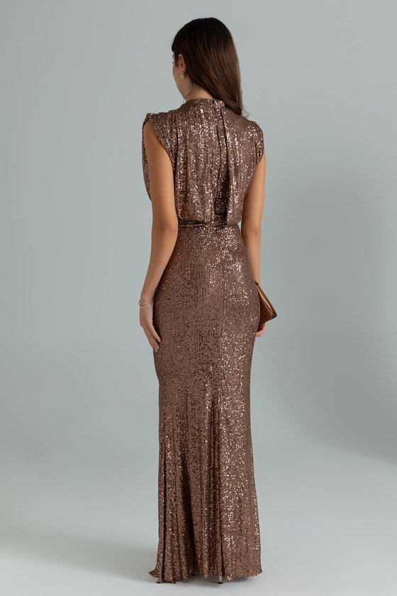 Pul Payetli Kuşaklı Abiye - BRONZ