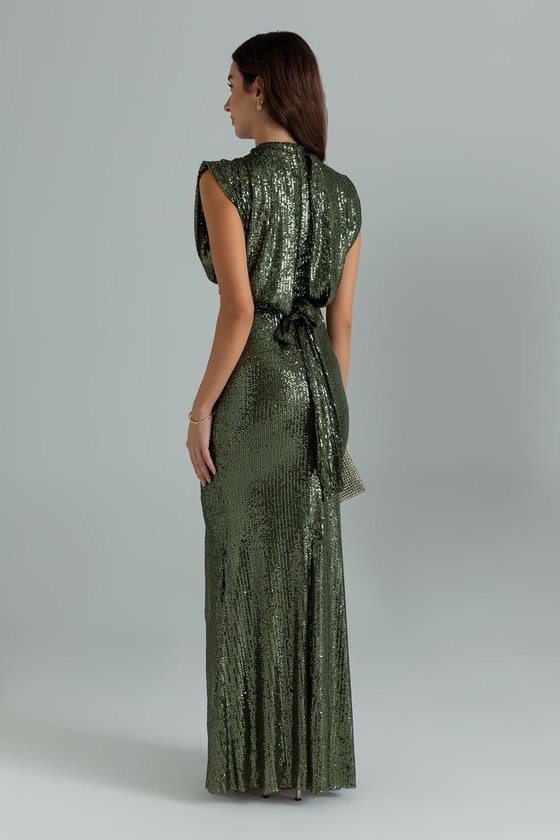 Pul Payetli Kuşaklı Abiye - HAKİ