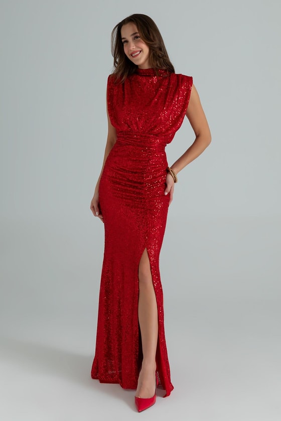 Pul Payetli Kuşaklı Abiye - KIRMIZI