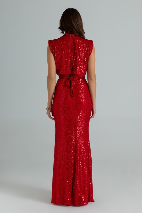 Pul Payetli Kuşaklı Abiye - KIRMIZI