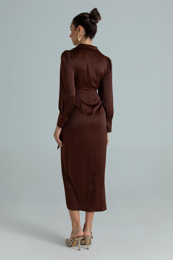 Saten Anvelop Elbise - KAHVERENGİ