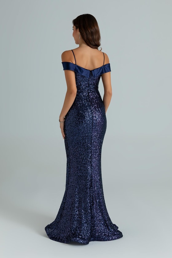 Saten Detay Pullu Abiye - LACİVERT