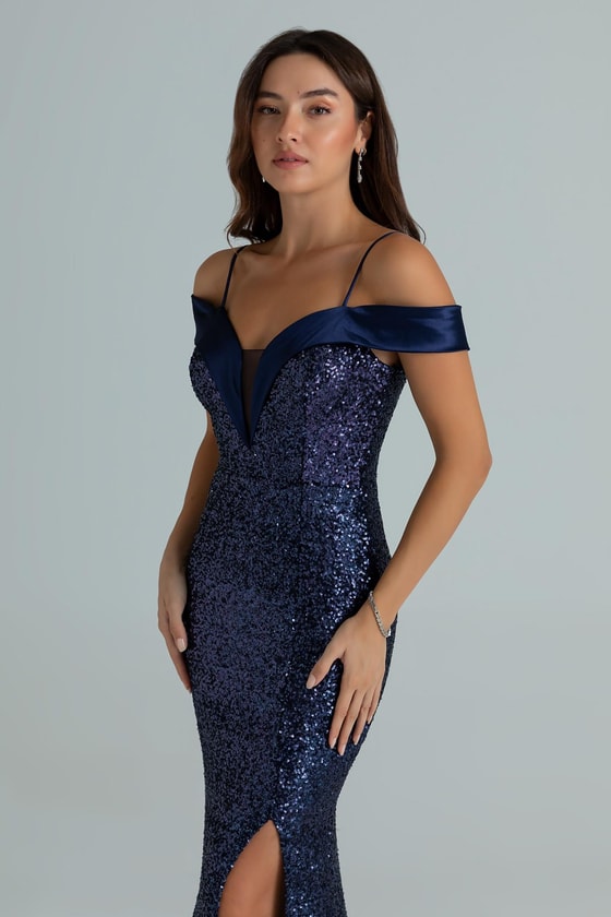 Saten Detay Pullu Abiye - LACİVERT