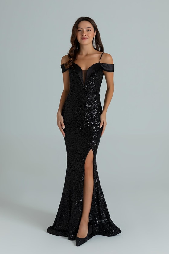 Saten Detay Pullu Abiye - SİYAH