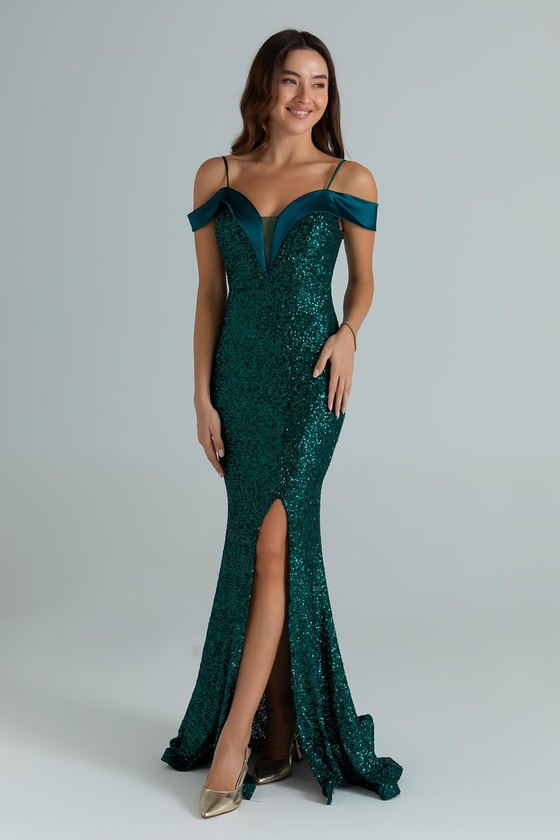 Saten Detay Pullu Abiye - ZÜMRÜT YEŞİL