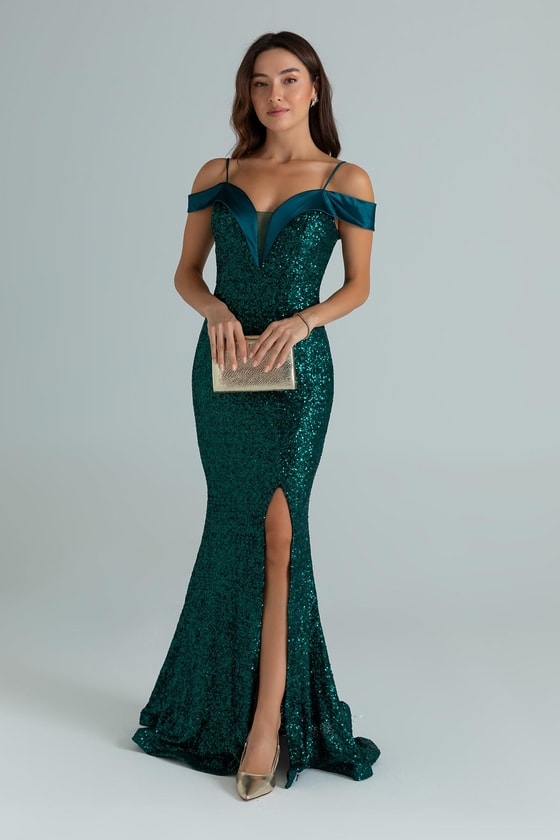 Saten Detay Pullu Abiye - ZÜMRÜT YEŞİL