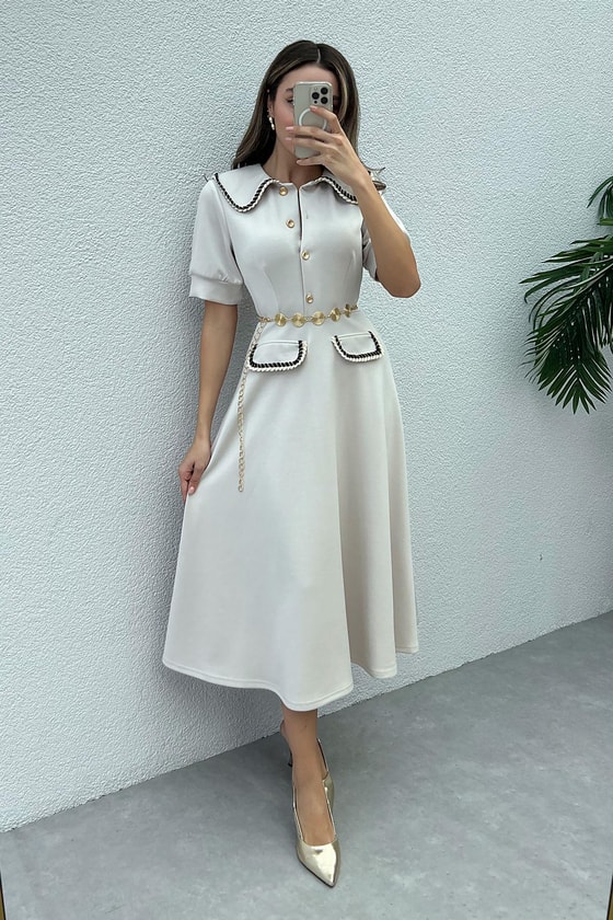 Şerit Detaylı Modal Elbise - TAŞ