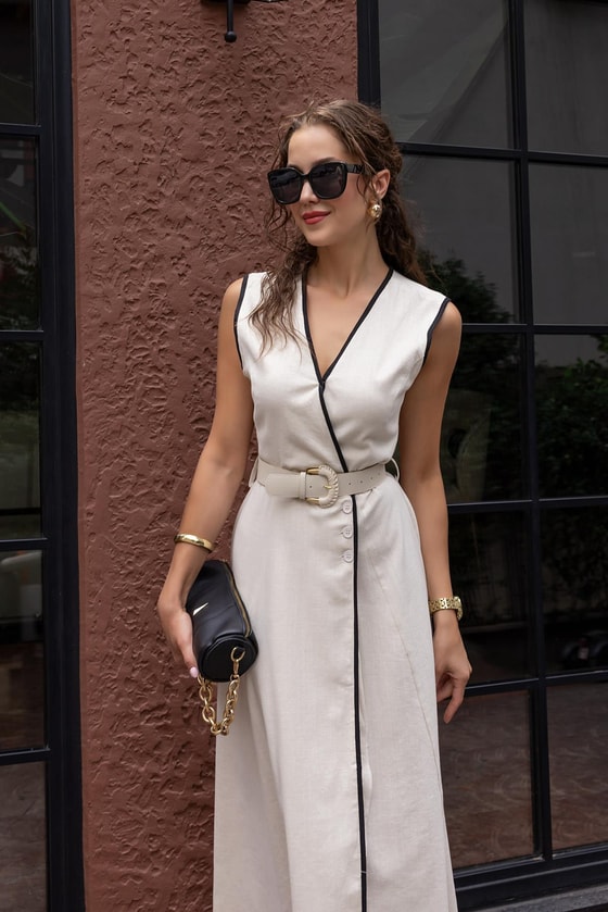 Şeritli Keten Elbise - TAŞ