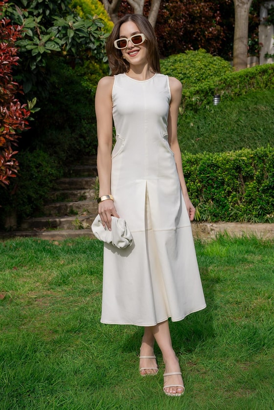 Sıfır Kol Cepli Elbise - KREM