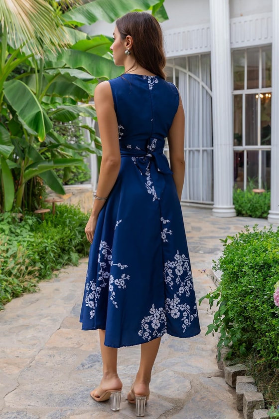 Sıfır Kol Çiçek Desenli Elbise - LACİVERT