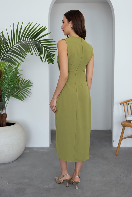 Sıfır Kol Midi Elbise - YAĞ YEŞİLİ