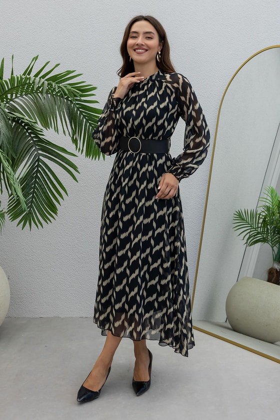 Şifon Desenli Elbise - SİYAH