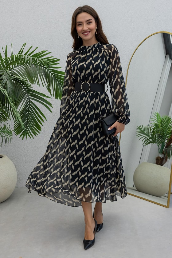 Şifon Desenli Elbise - SİYAH