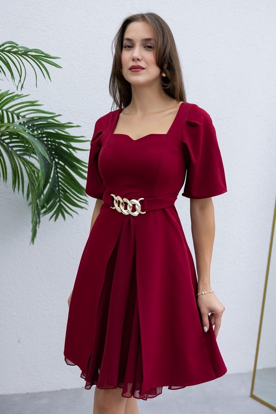 Şifon Detay Mini Elbise - BORDO
