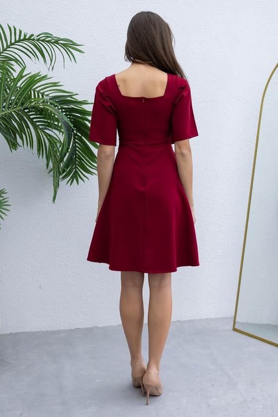 Şifon Detay Mini Elbise - BORDO