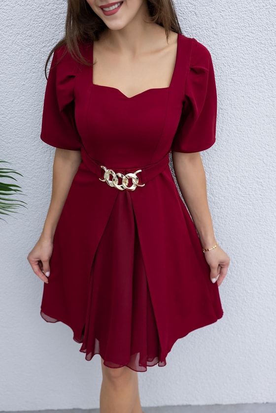 Şifon Detay Mini Elbise - BORDO