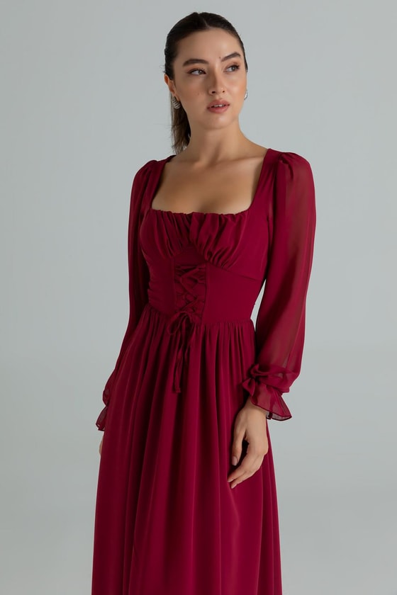 Şifon Uzun Elbise - BORDO