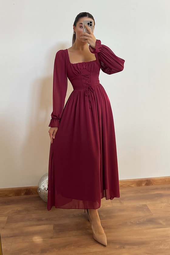 Şifon Uzun Elbise - BORDO
