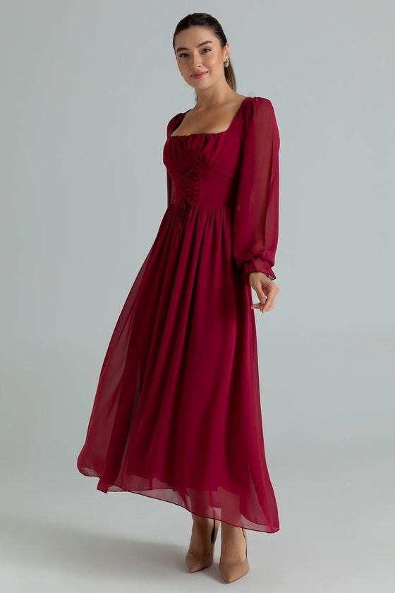 Şifon Uzun Elbise - BORDO