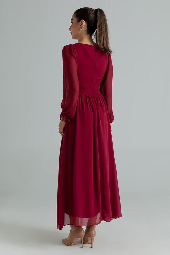 Şifon Uzun Elbise - BORDO