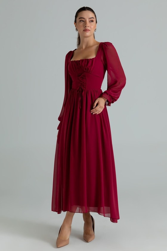 Şifon Uzun Elbise - BORDO