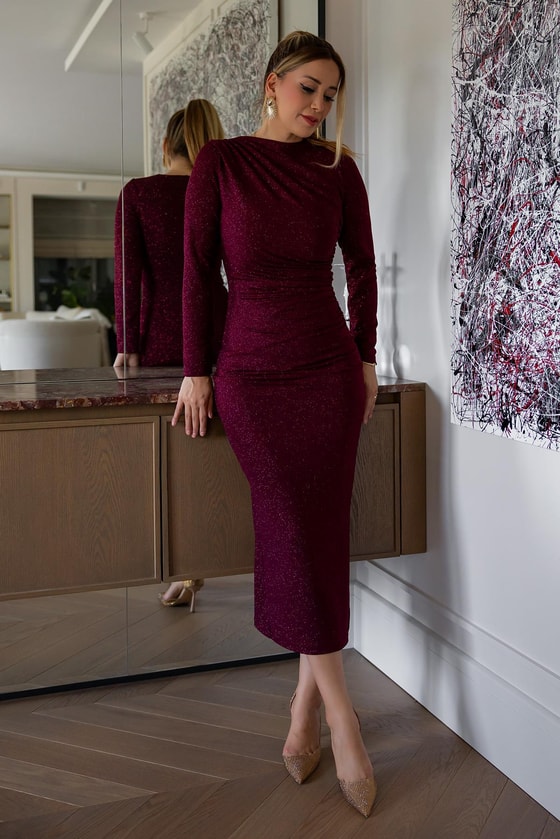 Simli Drapeli Elbise - BORDO