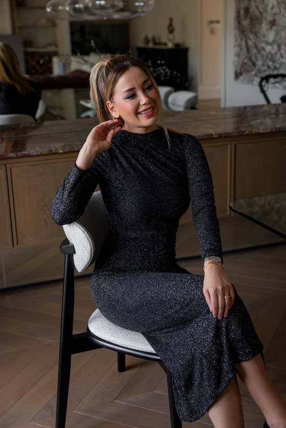 Simli Drapeli Elbise - GÜMÜŞ