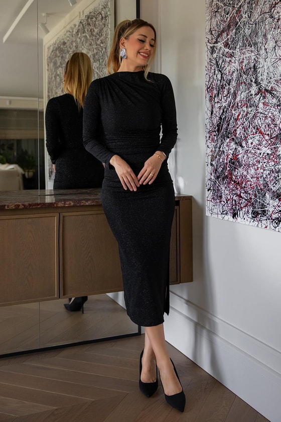 Simli Drapeli Elbise - SİYAH