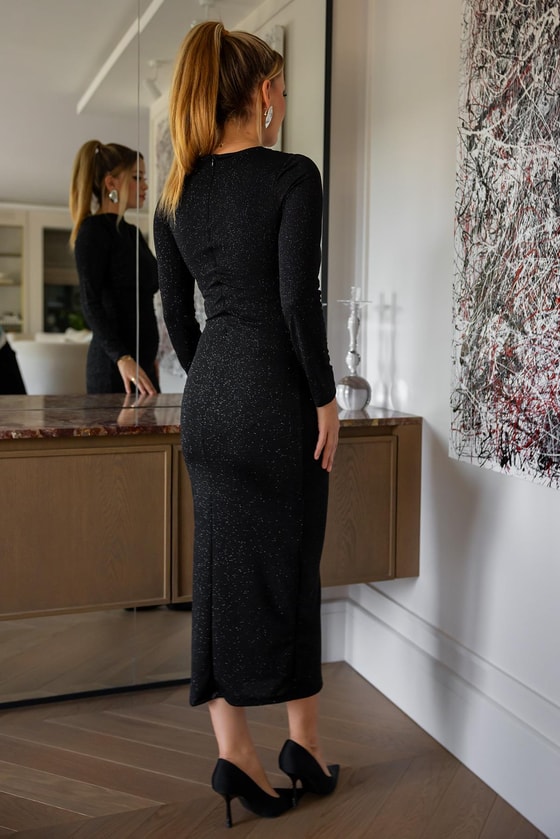 Simli Drapeli Elbise - SİYAH