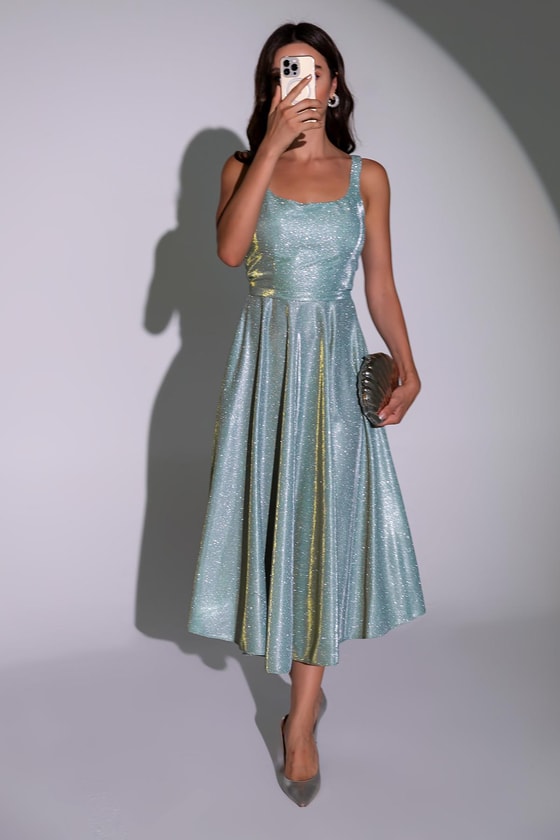 Simli Midi Abiye - MİNT YEŞİL