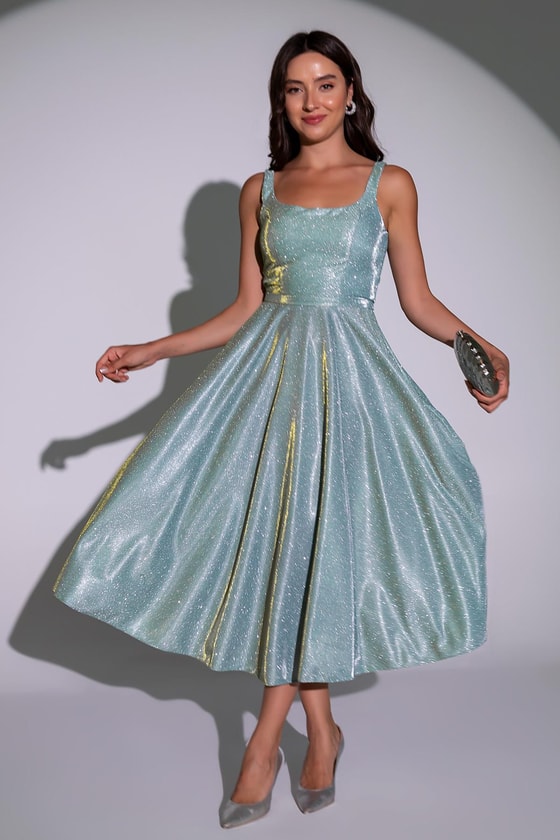 Simli Midi Abiye - MİNT YEŞİL