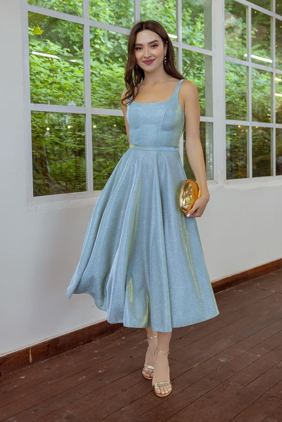 Simli Midi Abiye - MİNT YEŞİL