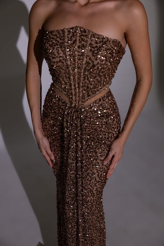 Straplez Bel Transparan Abiye - BRONZ