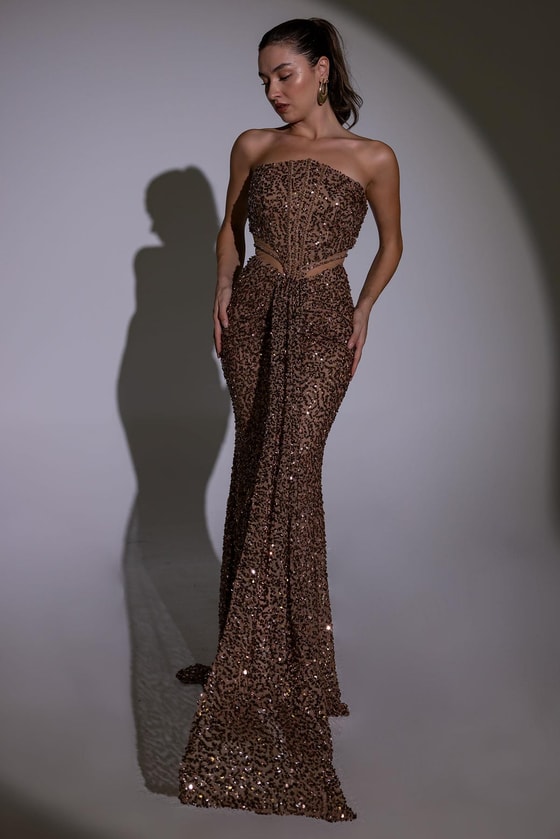 Straplez Bel Transparan Abiye - BRONZ