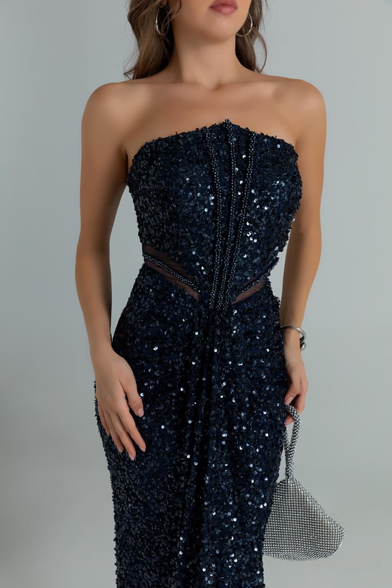 Straplez Bel Transparan Abiye - LACİVERT