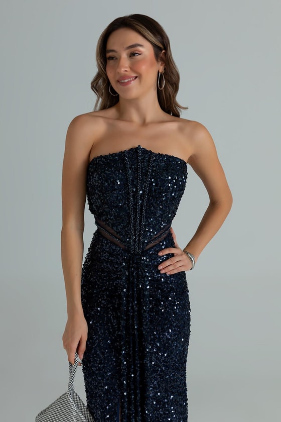 Straplez Bel Transparan Abiye - LACİVERT