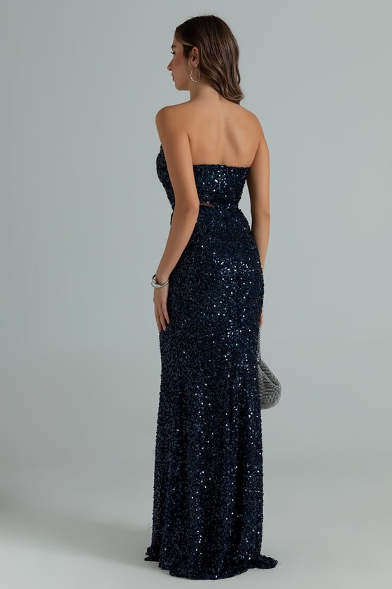 Straplez Bel Transparan Abiye - LACİVERT