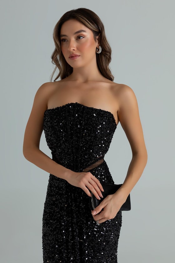 Straplez Bel Transparan Abiye - SİYAH