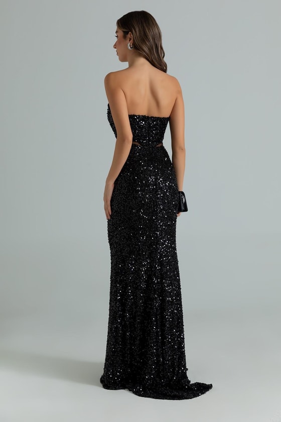 Straplez Bel Transparan Abiye - SİYAH